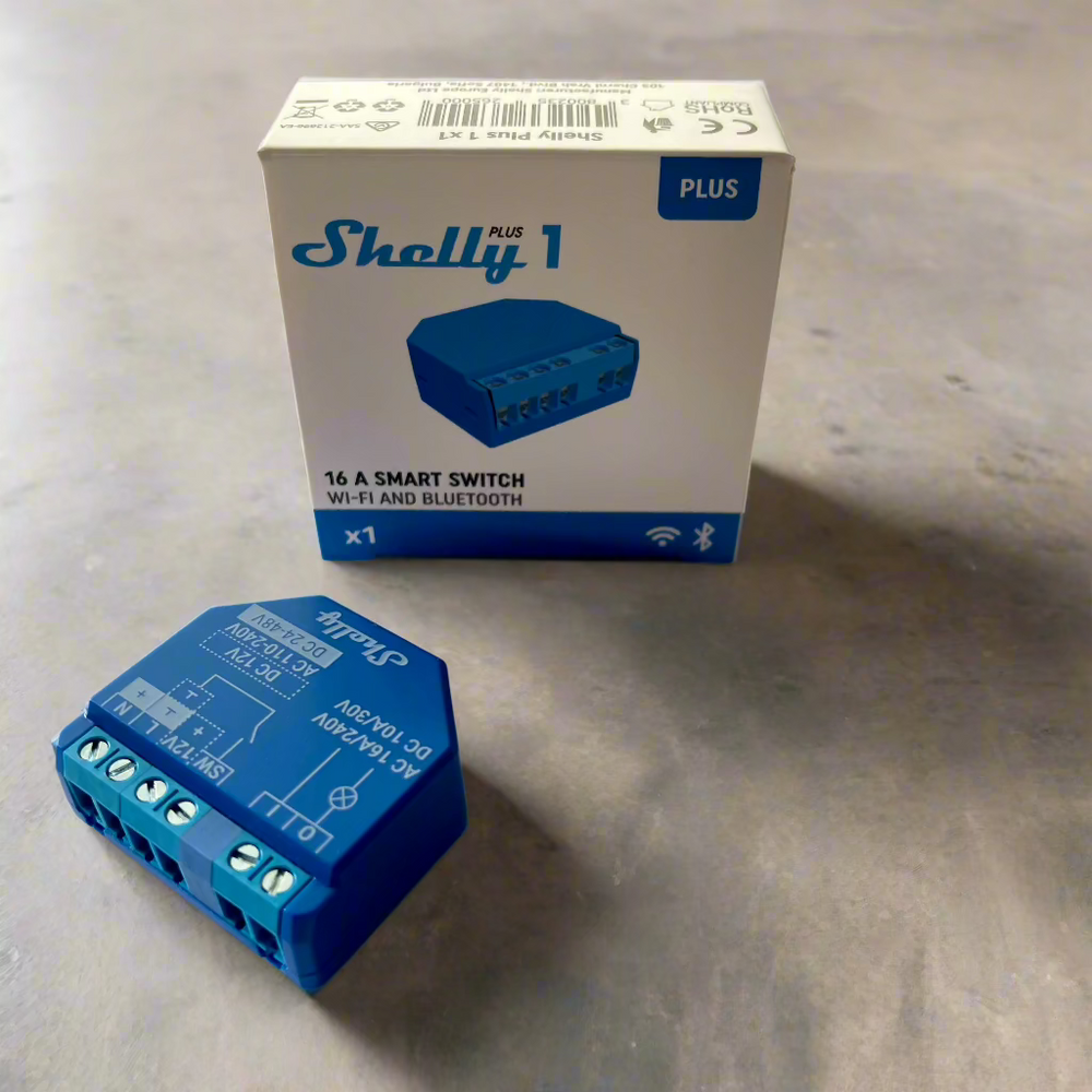 Shelly Plus 1 shown with box and Wi-fi and bluetooth symbols