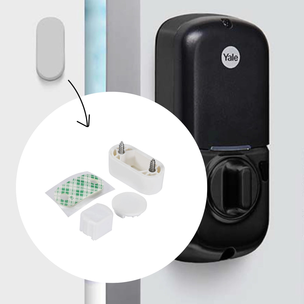 Yale Access Door Sense Kit shown with a breakdown of the kit parts and the compatible Yale lock